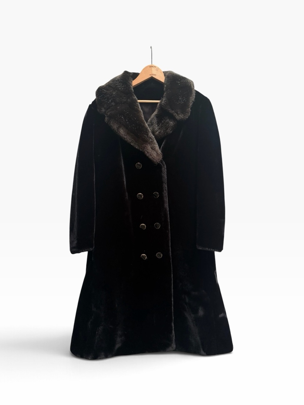 Vintage Borgazia Faux Fur Coat Black Brown Collar Long Double Breasted Women’s